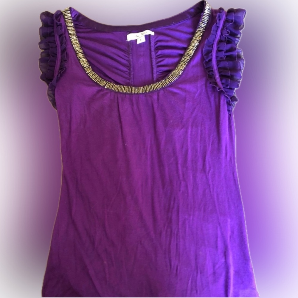 Blue Velvet Purple Gold Beaded Ruffle Tank SIZE SMALL